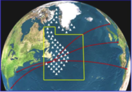 The white triangles show where icebergs are commonly found in the ice season, and the yellow box shows the area patrolled by the International Ice Patrol during this time. The red arrows are popular shipping routes (Navcen.uscg.gov, 2020).